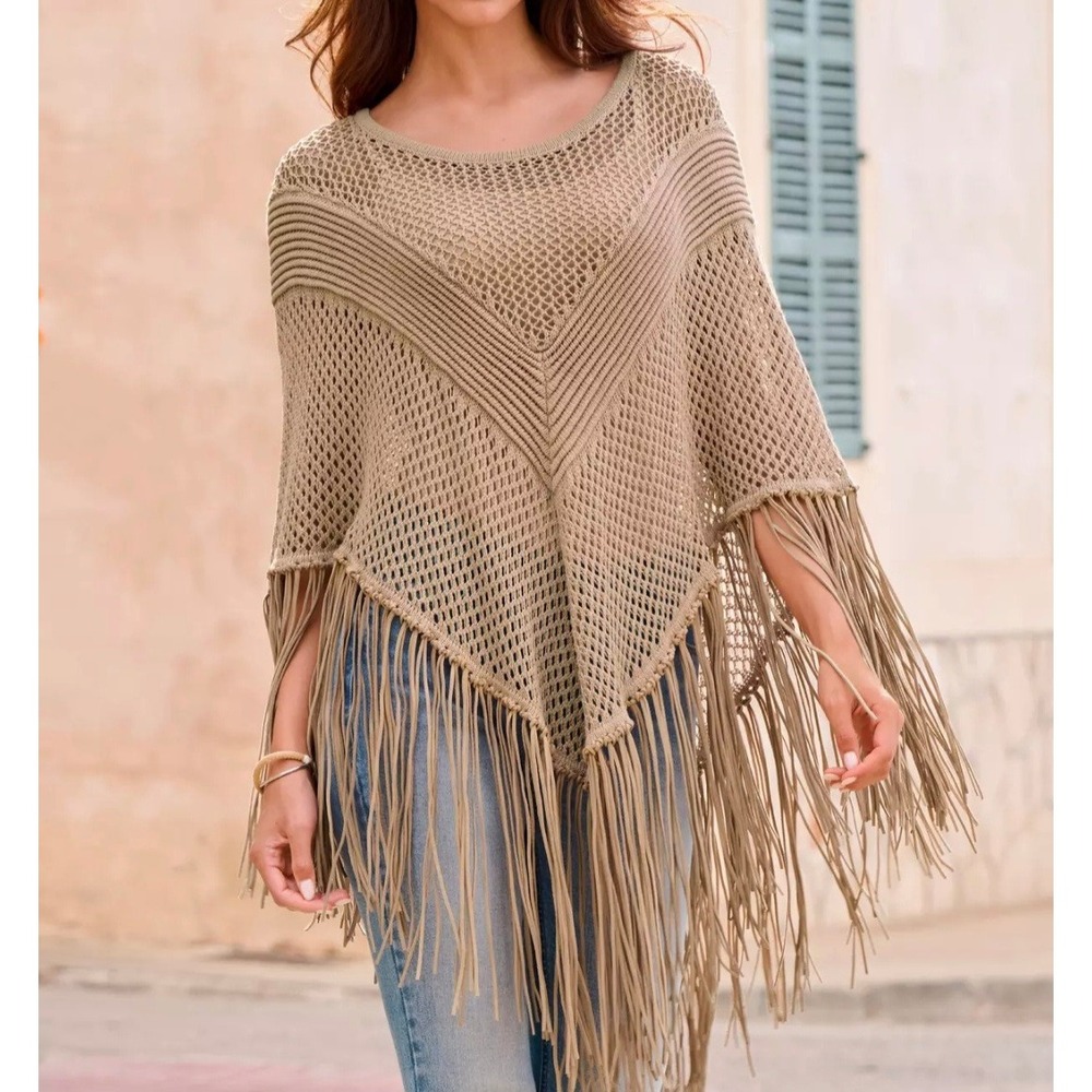 Boston Proper Faux Suede Fringe Poncho One Size Boho